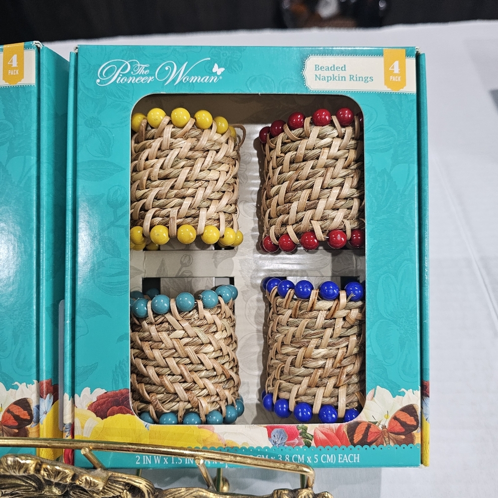 Beaded Rattan Napkin Rings Set of 4 (1 Box) Pioneer Woman New